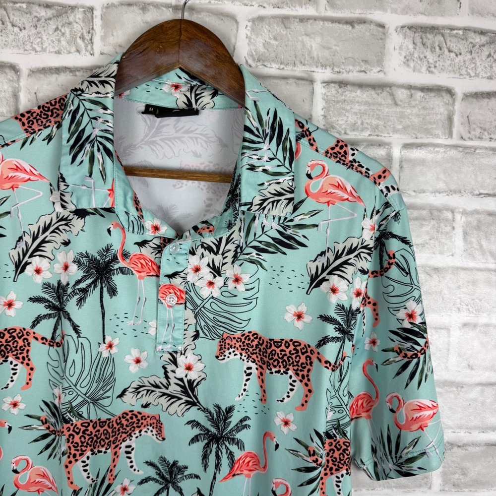 GreenSide Golf Mens Mint Green Flamingo Leopard Tropical Print Polo Shirt MEDIUM